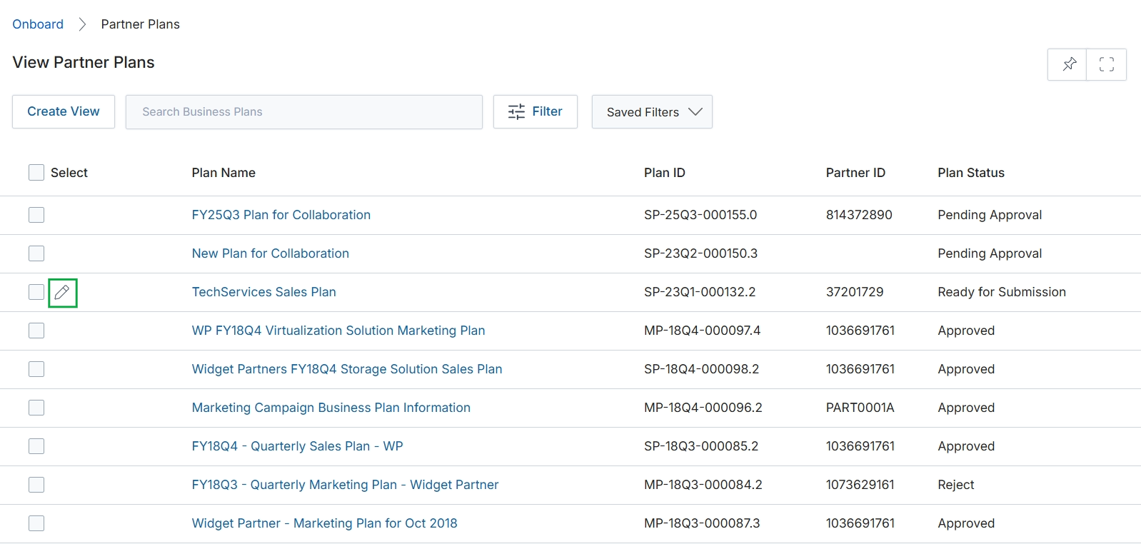 Partner Plans list view