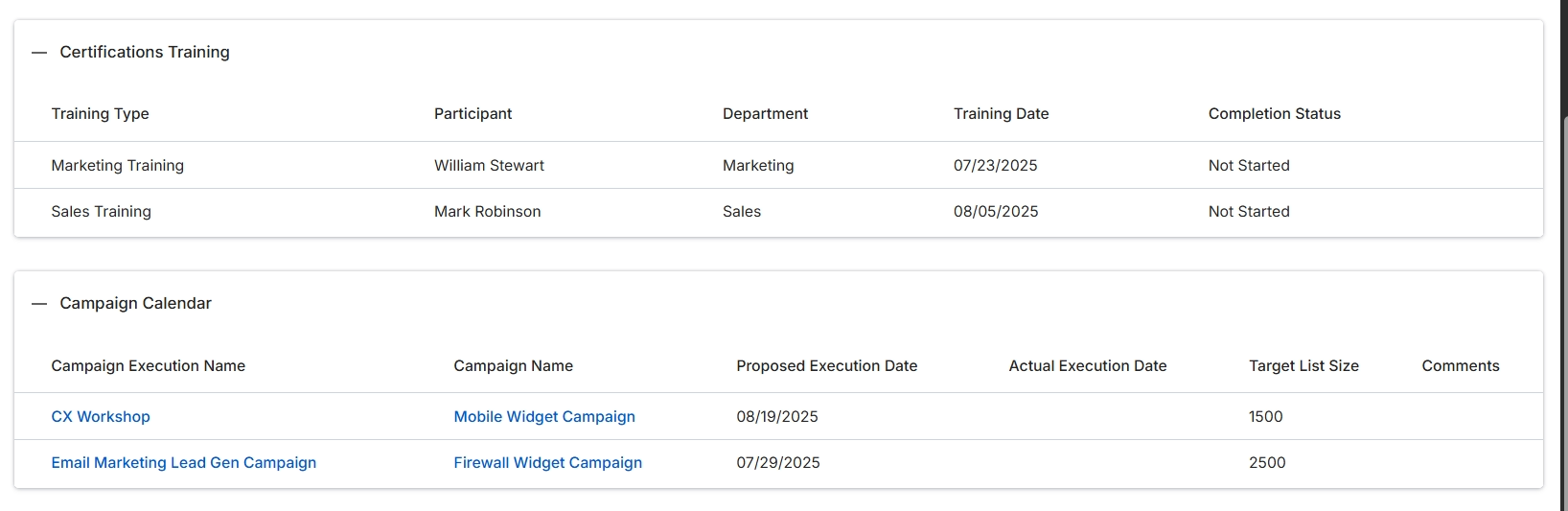 Certifications Training and Campaign Calendar sections