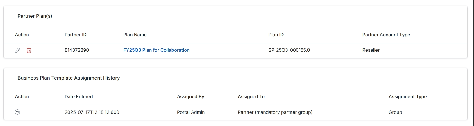Partner Plan Template Details and Assignment History