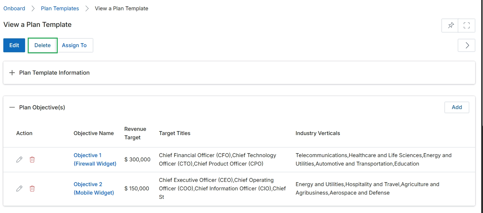 View a Plan Template page with Delete button highlighted