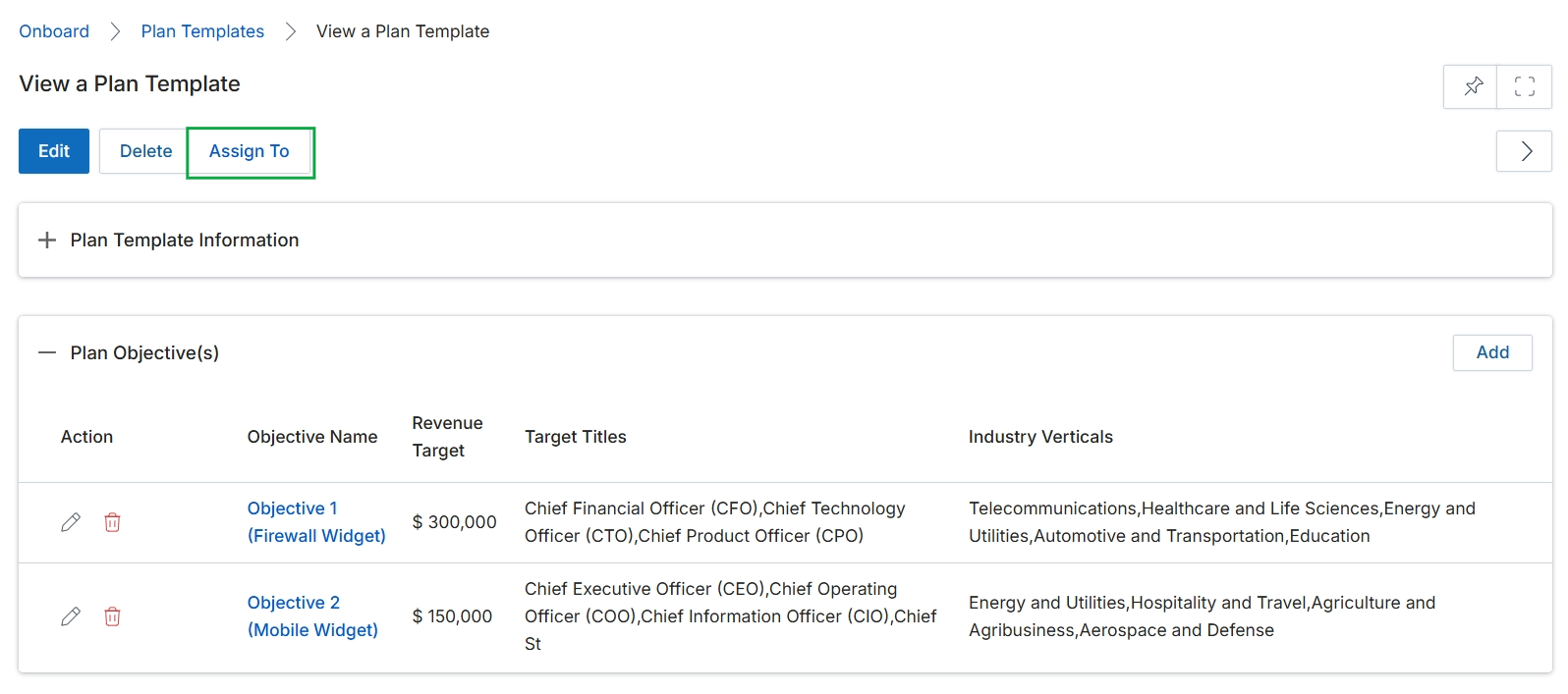View a Plan Template page with Assign To button highlighted