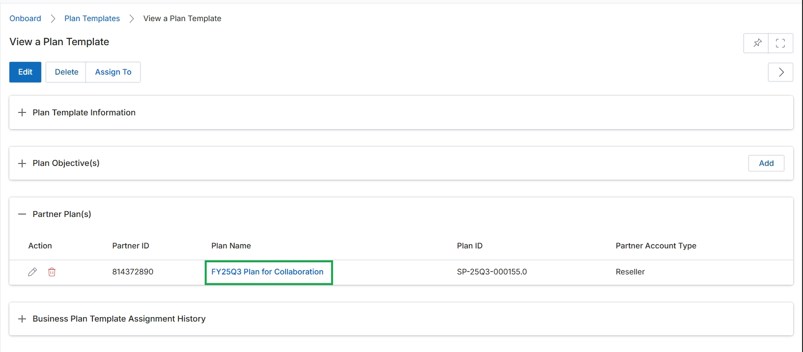 View a Plan Template page