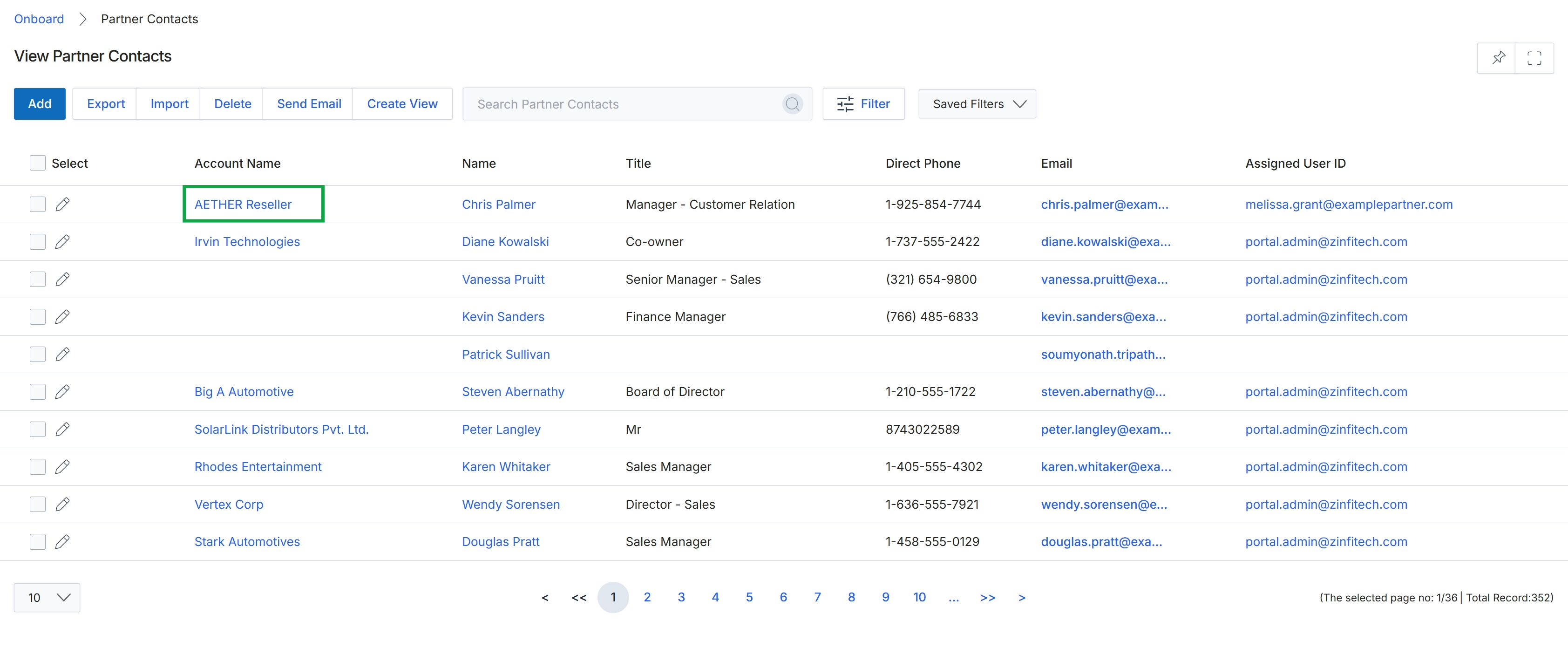 Partner Contacts list view