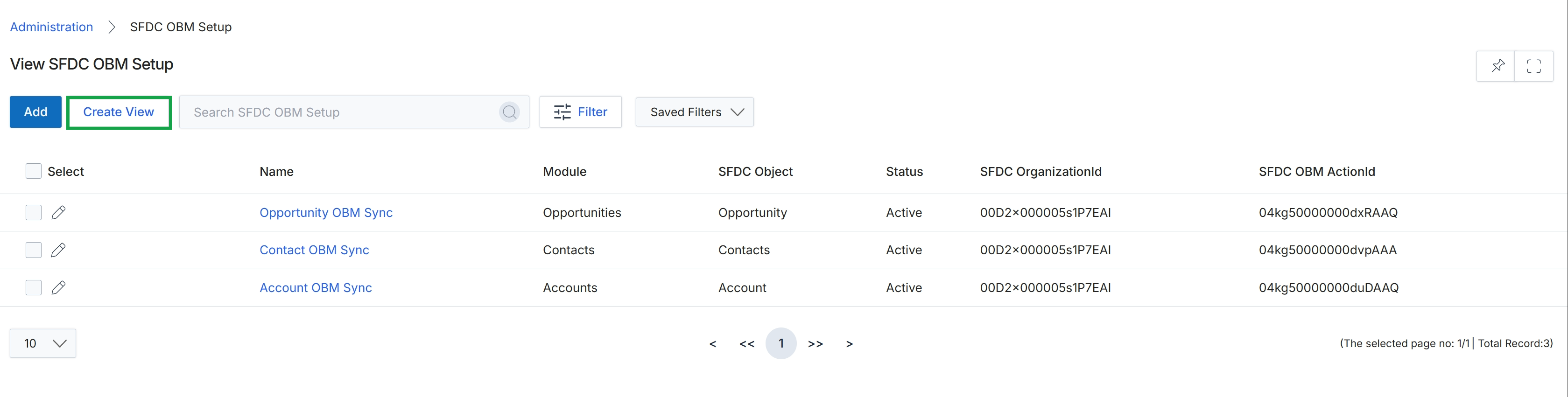 SFDC OBM Setup page with Create View button highlighted