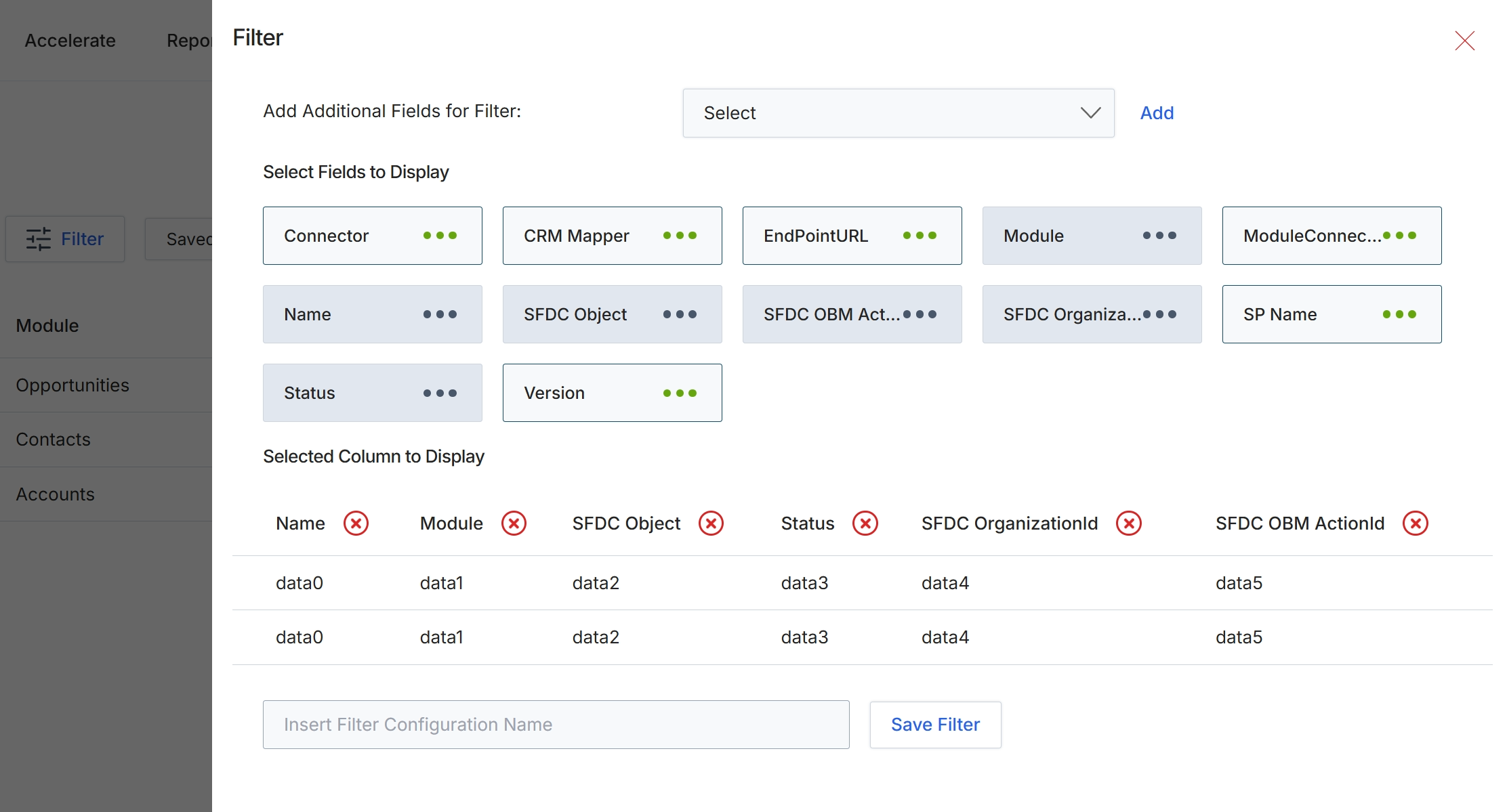 Filter configuration dialog for SFDC OBM Setup