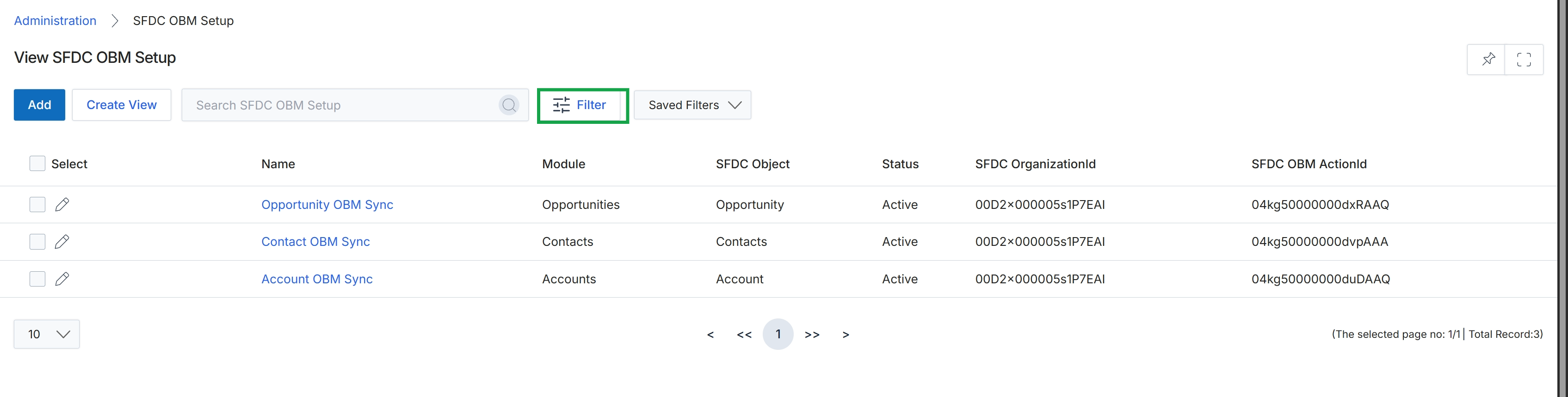 SFDC OBM Setup list view