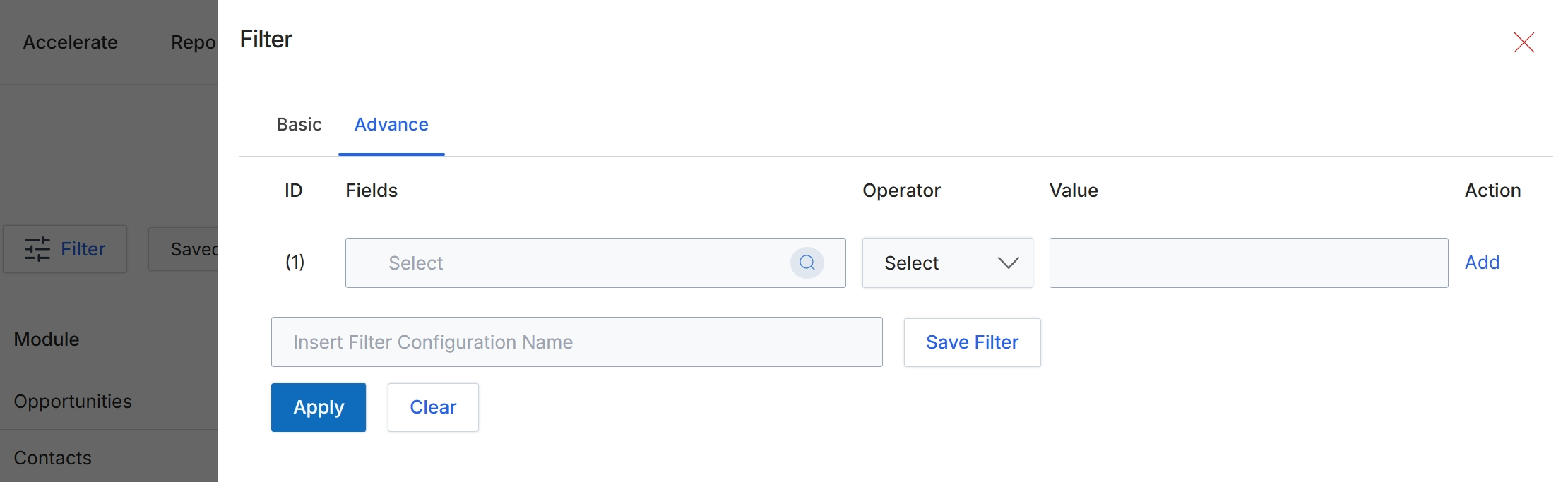 Advanced Filter configuration dialog