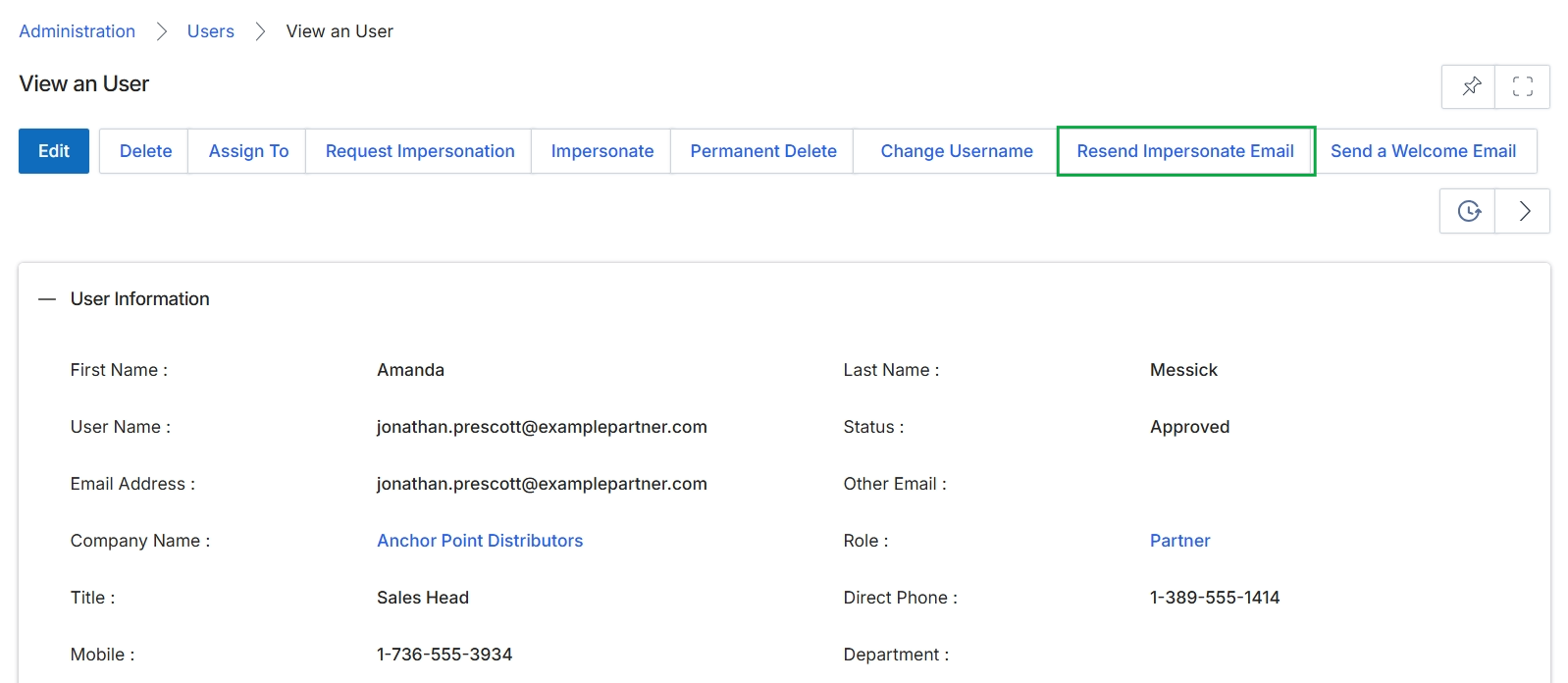 View an User page with action buttons