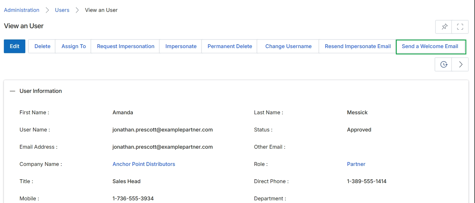 View an User page with Send a Welcome Email button highlighted