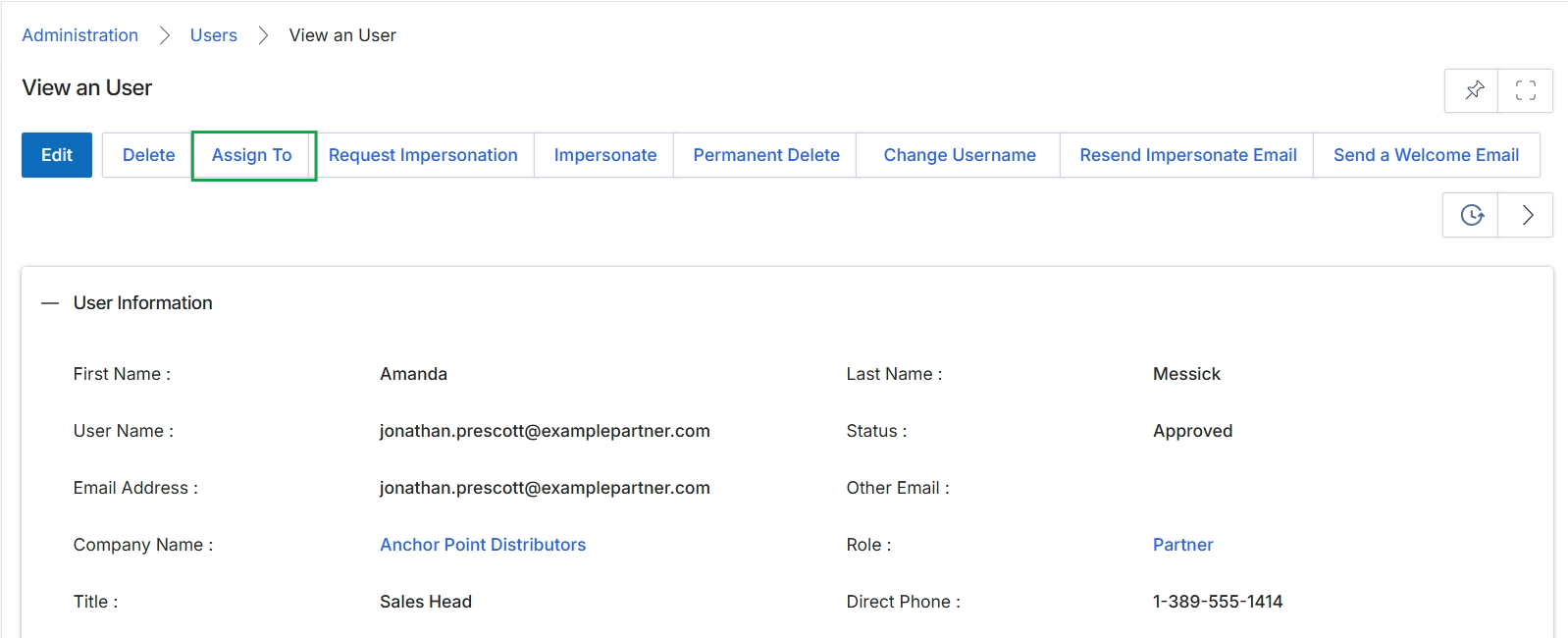 View an User page with Assign To button highlighted