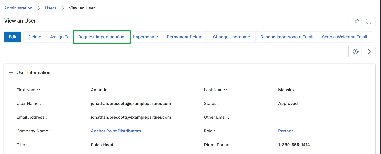 View an User page with Request Impersonation button highlighted