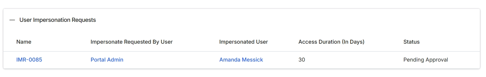 User Impersonation Requests list
