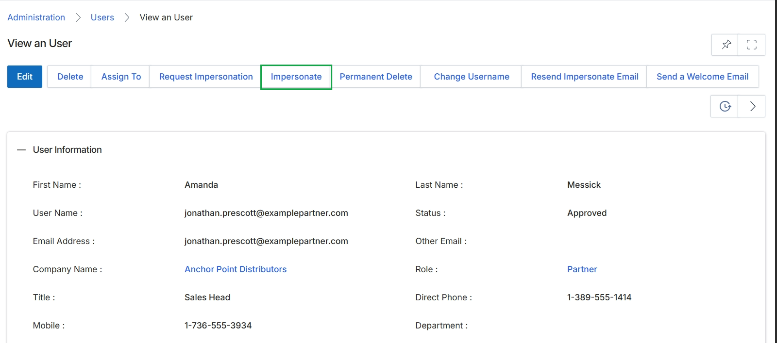 View an User page with Impersonate button highlighted