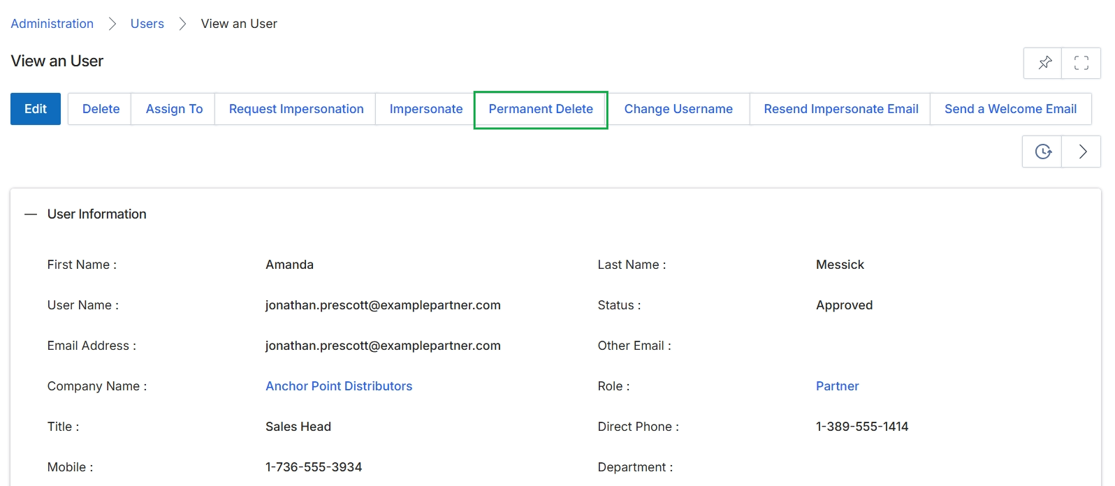 View an User page with Permanent Delete button highlighted
