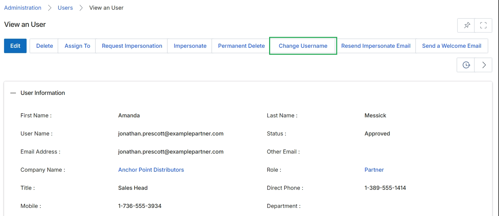 User details view with action buttons