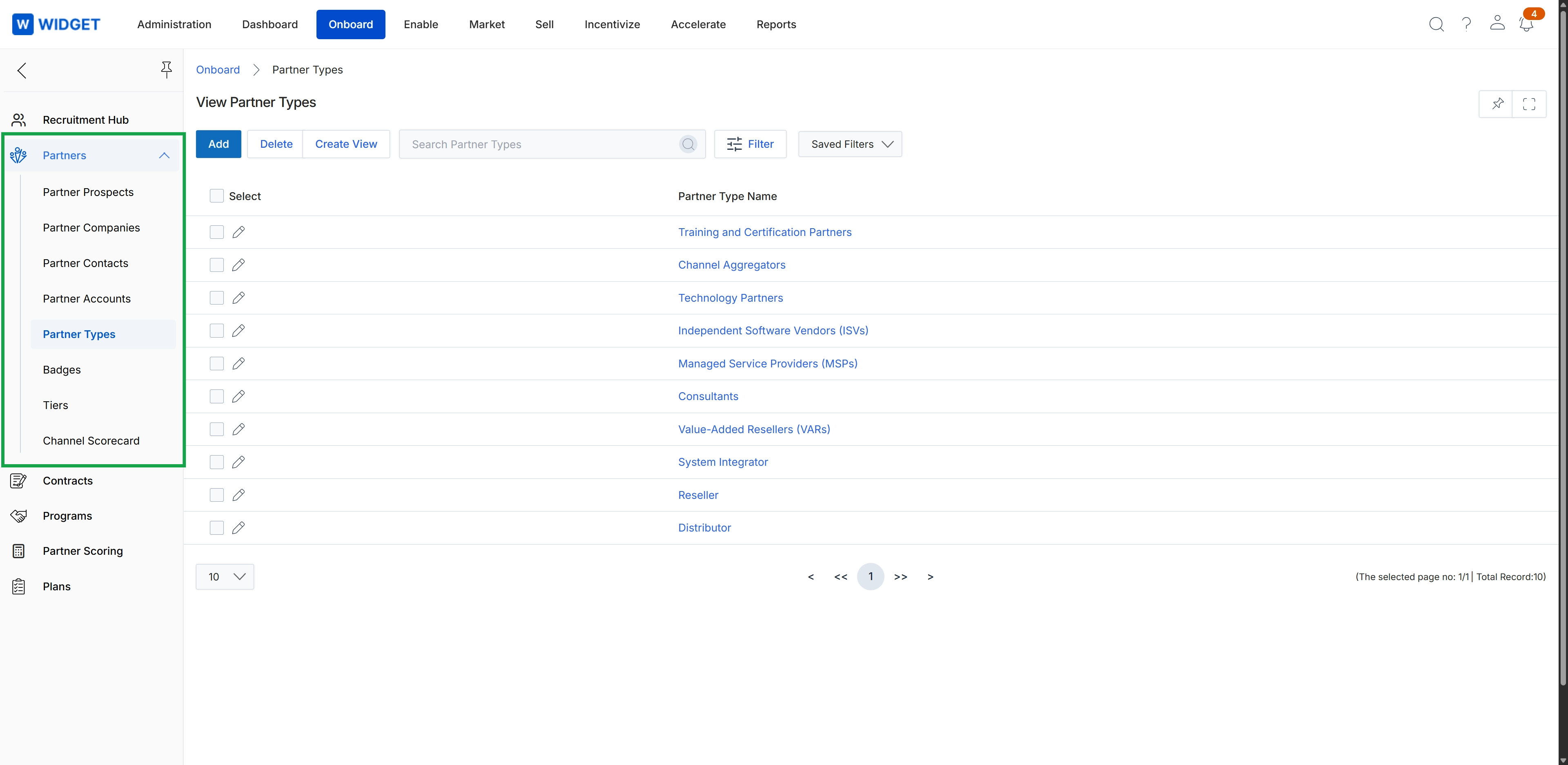 View Partner Types list page