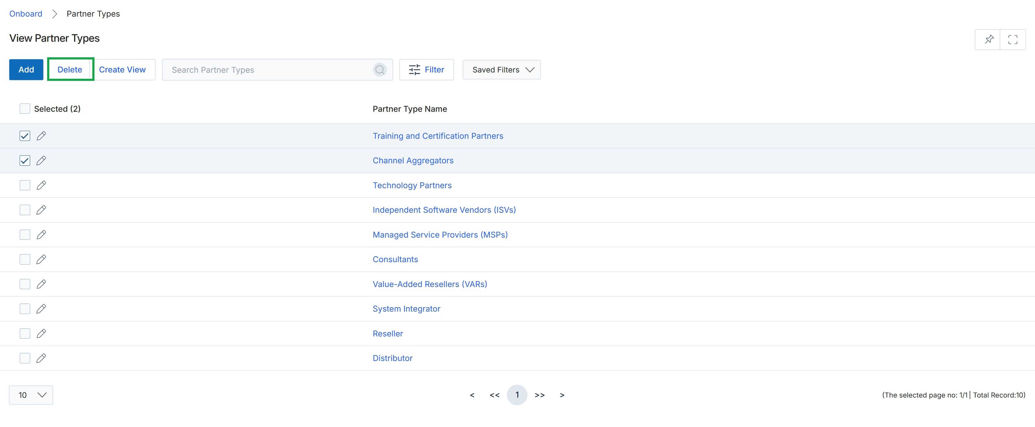 View Partner Types page with Delete button highlighted