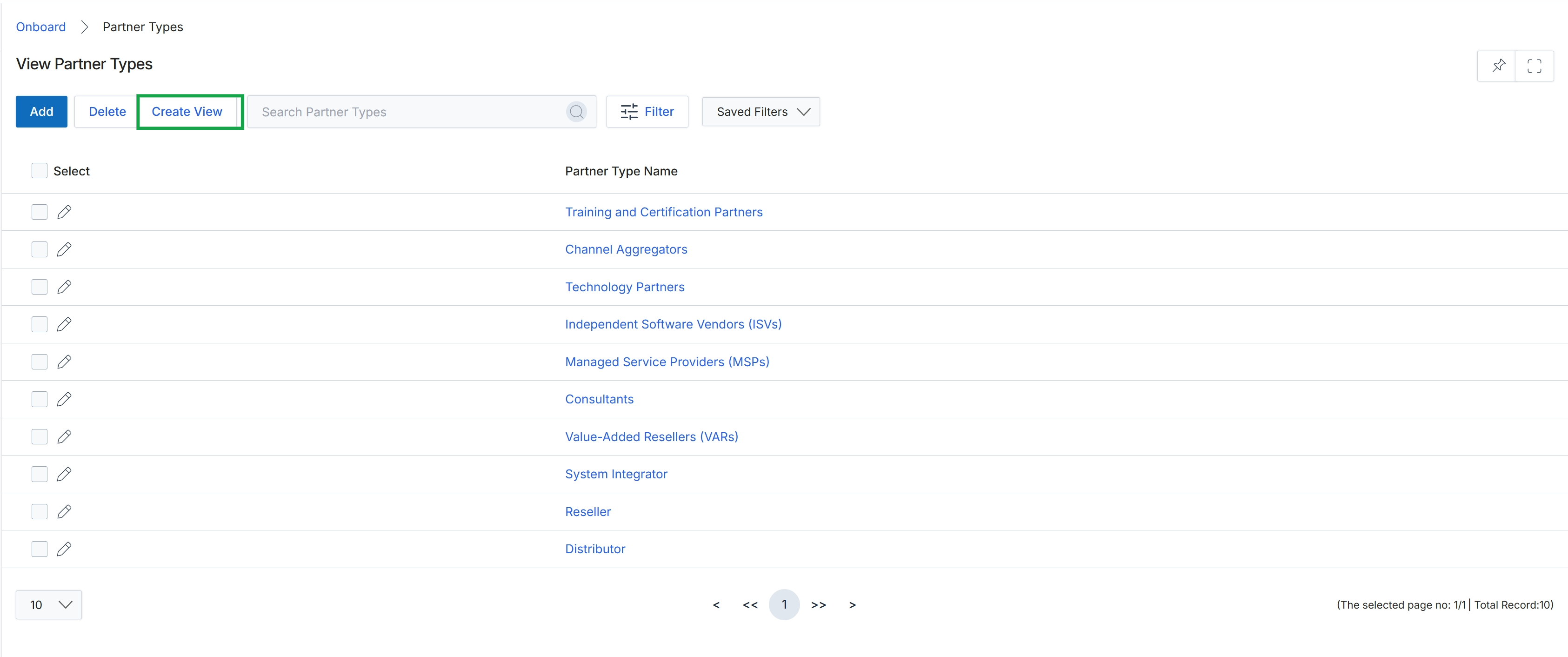 View Partner Types page