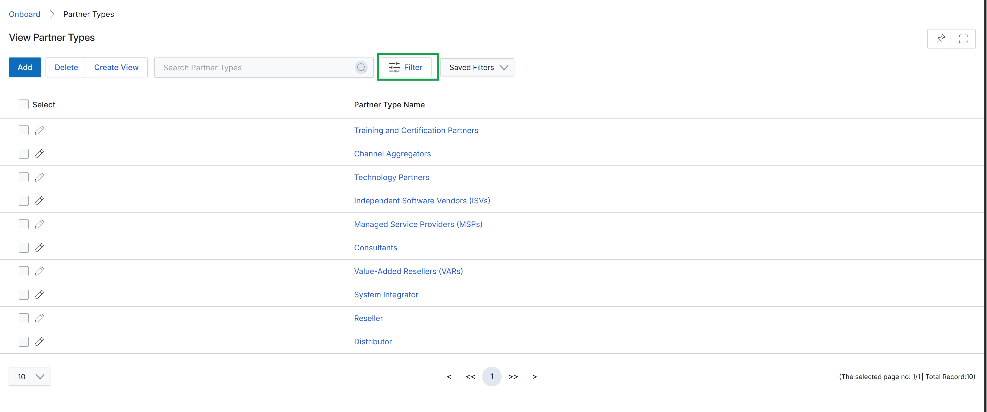 View Partner Types list with filter panel open