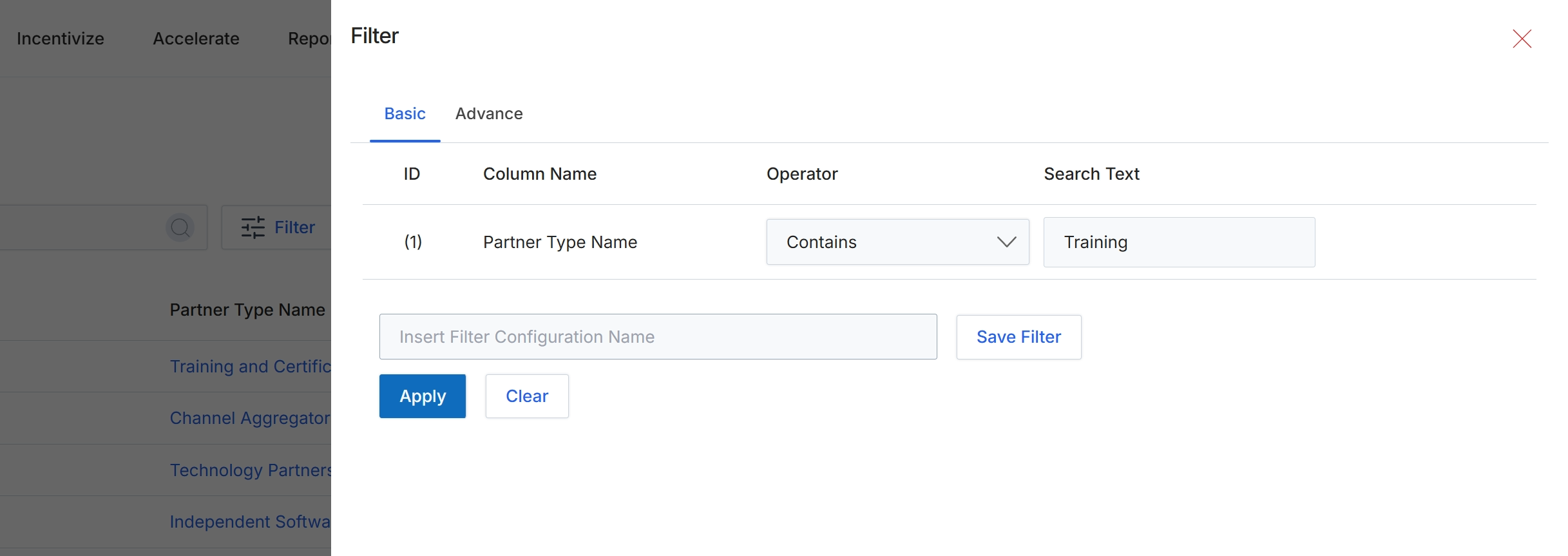 Filter dialog for Partner Types