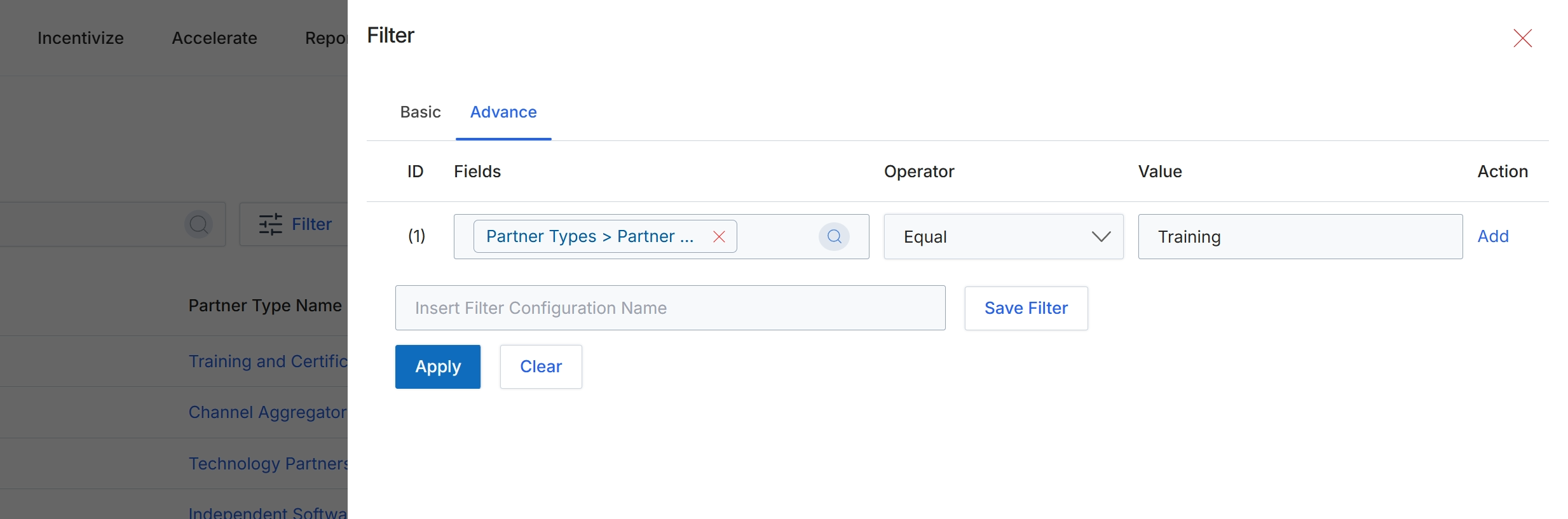 Advanced Filter dialog for Partner Types