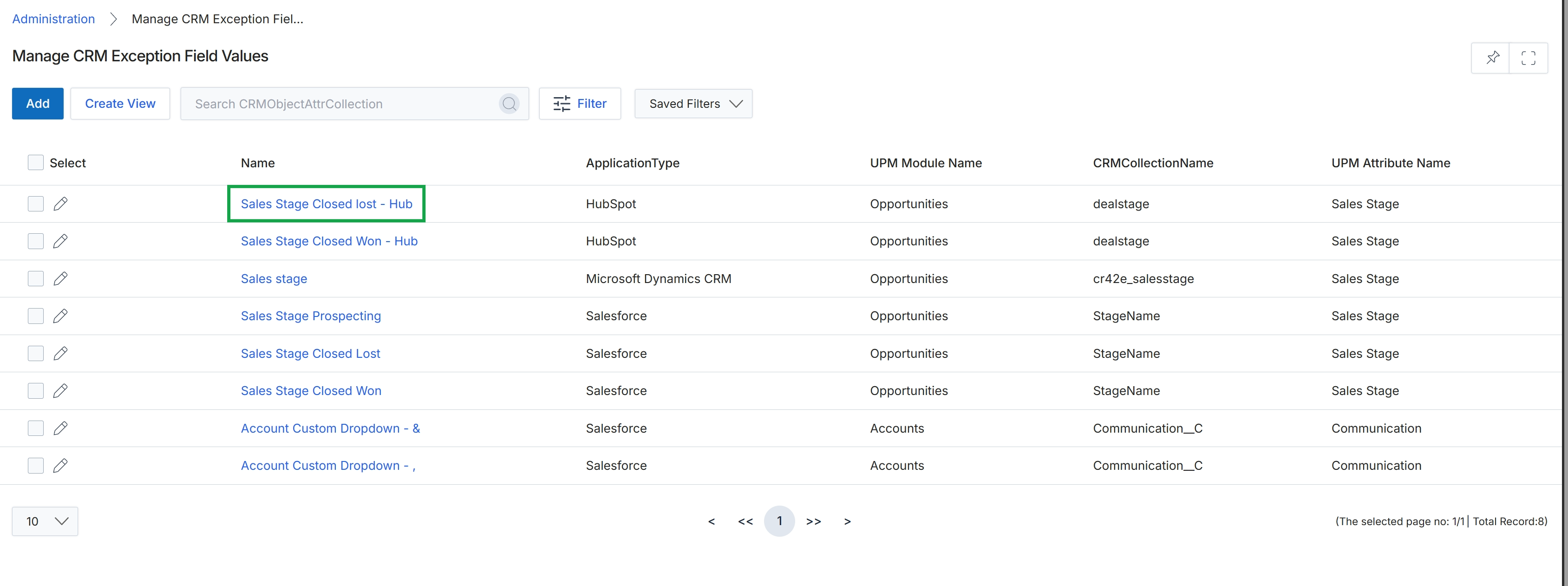 Manage CRM Exception Field Values list