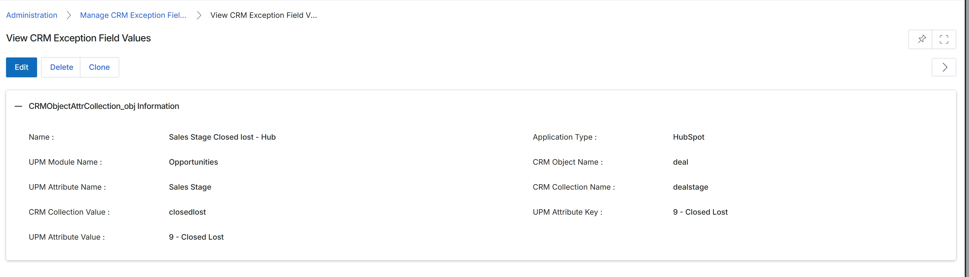 View CRM Exception Field Values detail screen
