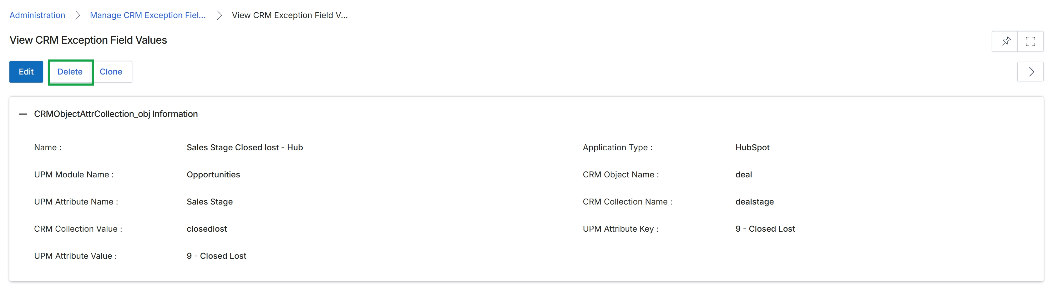 View CRM Exception Field Values screen