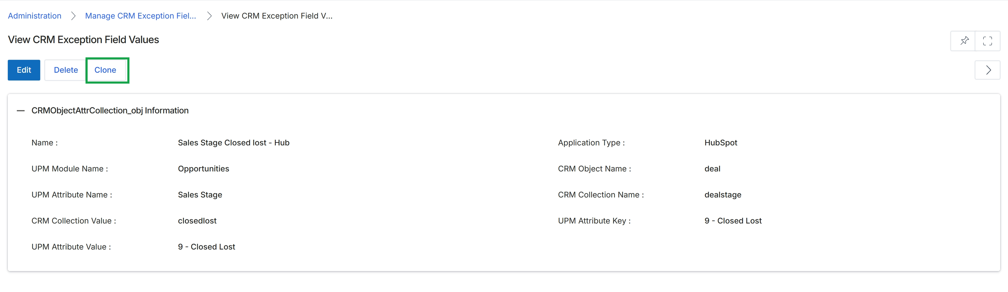View CRM Exception Field Values page