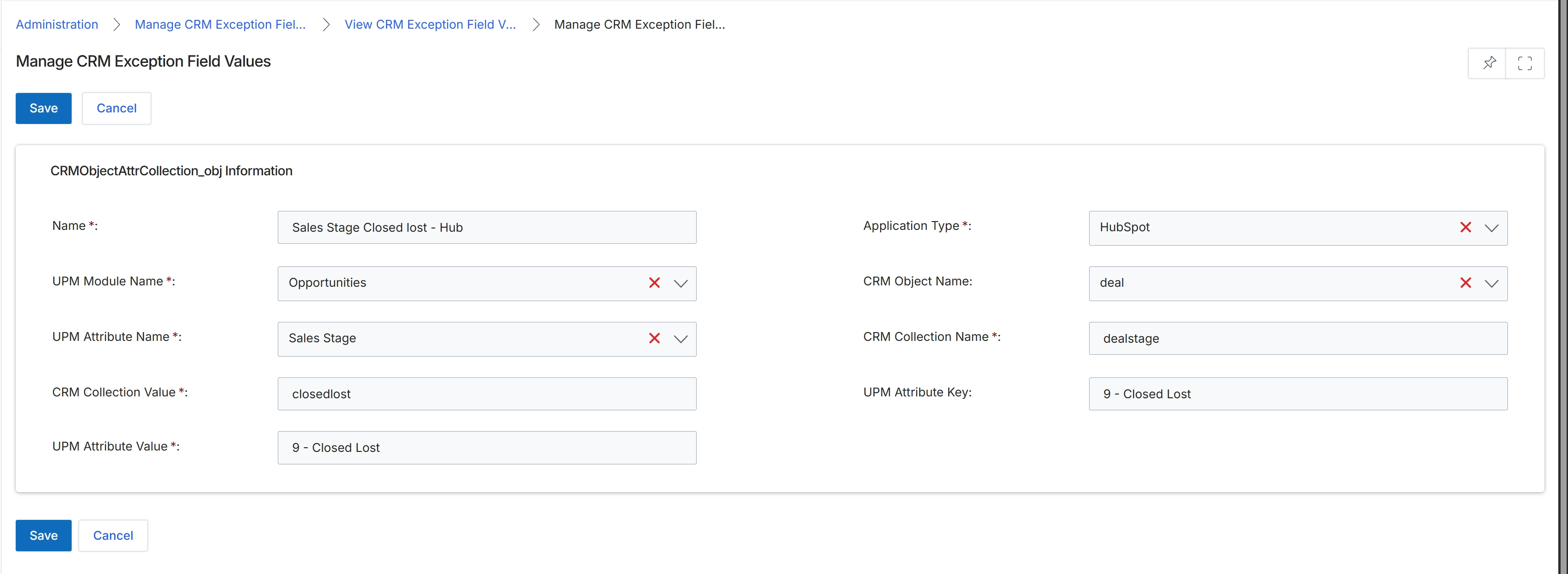 Manage CRM Exception Field Values form