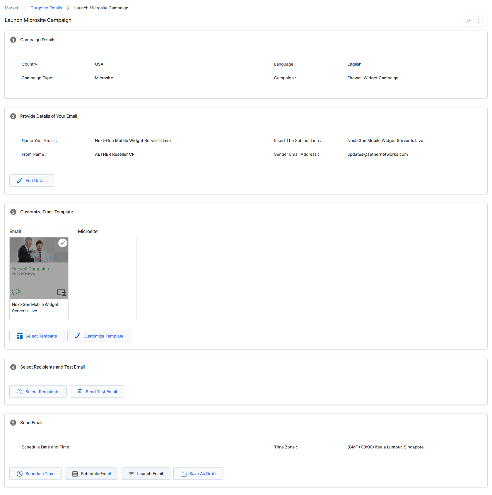 This screen, 'Launch Microsite Campaign,' is part of the email campaign execution workflow within the Market module. It provides a consolidated view for configuring and launching an outgoing email campaign that is associated with a microsite. Users arrive here after selecting an email from the 'Outgoing Emails' list and initiating the launch process. The screen displays campaign details, allows for customization of the email and microsite, enables recipient selection, and provides options for scheduling and sending the email. This step is crucial for partners or vendors to finalize their co-marketing email campaigns before deployment, ensuring all elements like content, branding, and targeting are correctly set up.