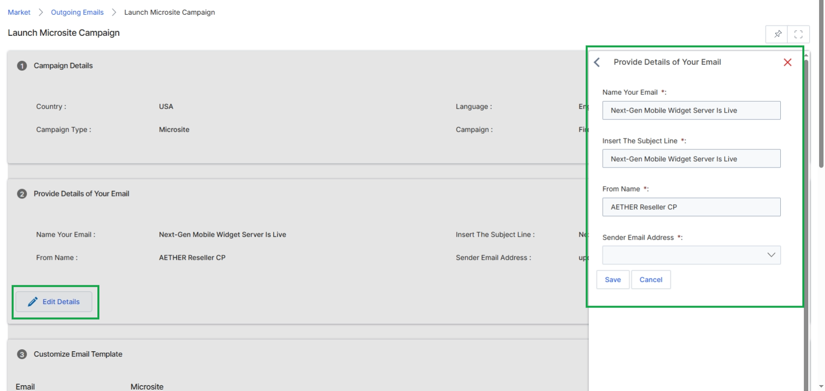 This screen provides a comprehensive overview of a specific campaign within the Market module, allowing vendors to manage and launch co-marketing initiatives. It consolidates all relevant information, from campaign details and email content to recipient selection and scheduling, into a single interface. The 'Provide Details of Your Email' section specifically allows for the configuration of the email's identity, including its name, subject line, sender name, and sender email address, which are crucial for branding and deliverability. This section is part of the broader workflow for launching an email campaign, ensuring that all necessary parameters are defined before deployment.