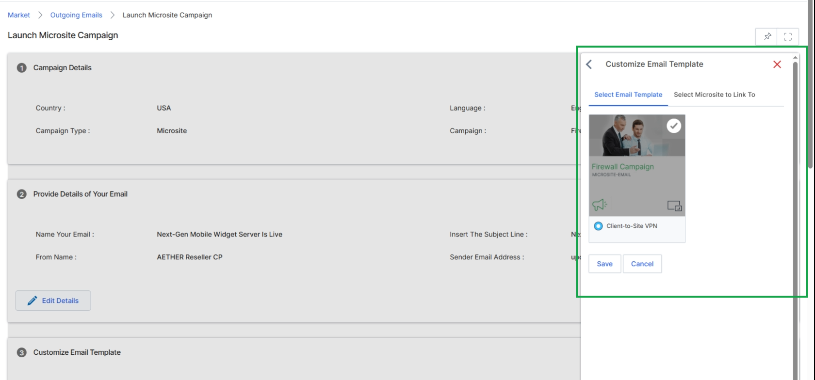 This screen displays the process of customizing an email template within a Microsite Campaign, a key step in the Market module's campaign execution workflow. The right-hand panel, which previously allowed for editing basic email details like name, subject, and sender information, has now transitioned to a view for selecting an email template. This change indicates a progression in the campaign setup, moving from defining the email's metadata to choosing its structural and visual foundation from a library of pre-approved templates, which can then be further customized.