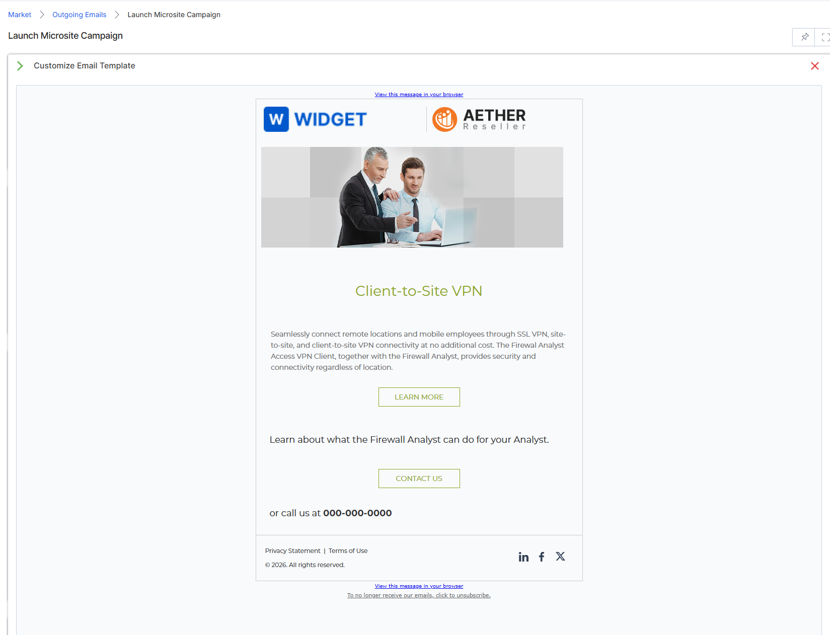 This screen displays the 'Customize Email Template' interface, which is part of the email campaign execution workflow within the Market module. It allows users to preview and potentially modify an email template before it is sent as part of a campaign. The preview shows the email's rendered appearance, including co-branded elements like the vendor's and partner's logos, and the main content. This step is crucial for ensuring the email's visual integrity and content accuracy before deployment, aligning with the co-marketing capabilities of the Market module that enable partners to execute campaigns using vendor-provided assets.