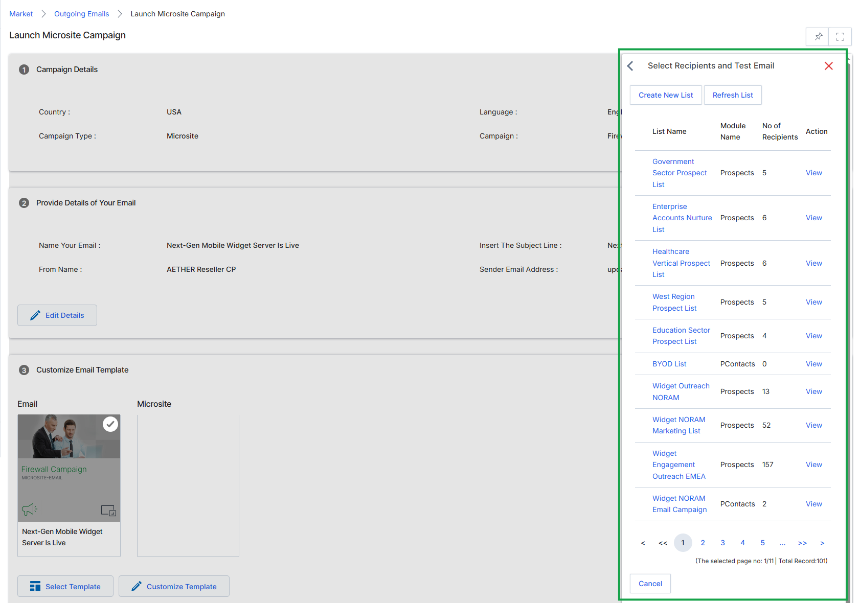 This screen, part of the Email Marketing Management module, allows vendors to finalize the details for launching an email campaign. It displays the campaign's core information, provides options to customize the email template, and crucially, enables the selection of recipients and the sending of test emails. This step is vital for ensuring the email reaches the correct audience and that its content and formatting are accurate before a full launch. The recipient selection process integrates with existing mailing lists, allowing for targeted communication based on partner types, tiers, or segments, while the test email functionality helps prevent errors and ensures brand compliance. The right-hand panel, 'Select Recipients and Test Email', specifically focuses on managing the target audience for the email campaign and facilitating pre-send content verification.