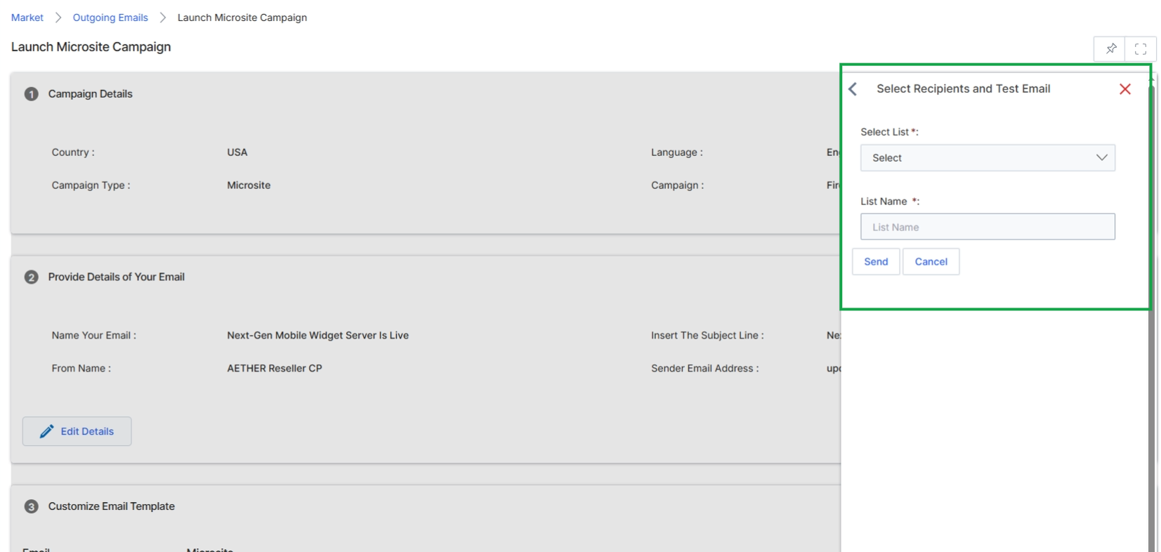 This screen is part of the email campaign launch workflow within the Market module, allowing vendors to manage and execute co-marketing email campaigns. It displays the overall campaign details, email content, and provides options for selecting recipients and sending test emails. The right-hand panel, specifically, is dedicated to managing the recipient list for the email campaign. This panel allows the user to select an existing mailing list or create a new one, ensuring the email reaches the intended audience. This step is crucial for targeting the right partners or prospects with the campaign message.