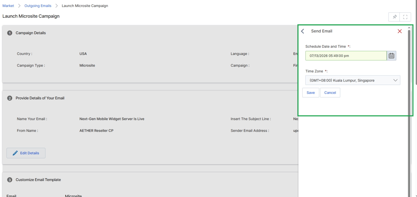 This screen displays the 'Launch Microsite Campaign' interface, which is part of the Market module in UPM. It allows vendors to configure and launch marketing campaigns, specifically those involving microsites and email communication. The screen presents a multi-step process for campaign setup, including campaign details, email content, and customization options. The right-hand slide panel is used for specific actions related to the campaign, such as selecting recipients and scheduling email sends. This panel dynamically changes based on the current step or action being performed within the campaign launch workflow.