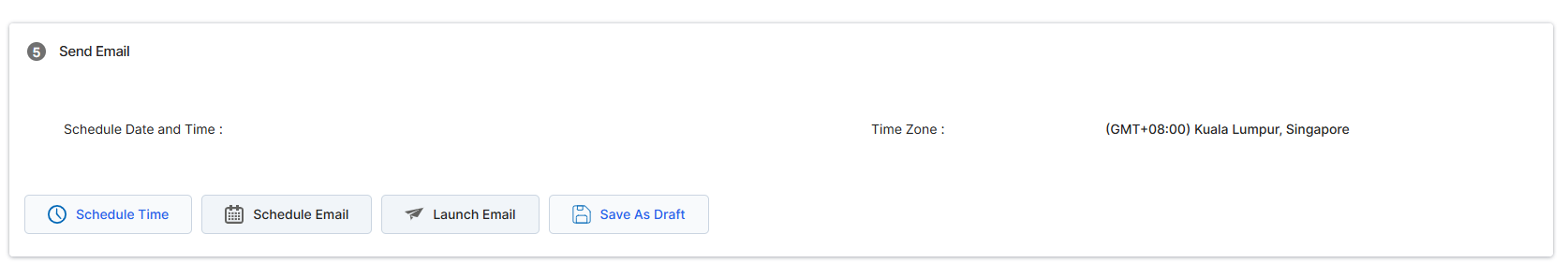 This screen displays the final step in launching an email campaign, specifically focusing on the scheduling of the email send. It presents a slide-out panel where the user specifies the exact date and time for the email to be sent, along with the relevant time zone. This functionality allows for precise control over campaign deployment, ensuring emails are delivered at optimal times for the target audience. The panel appears after the user has configured the email content, recipients, and other campaign details, representing the last action before the campaign is scheduled for execution.