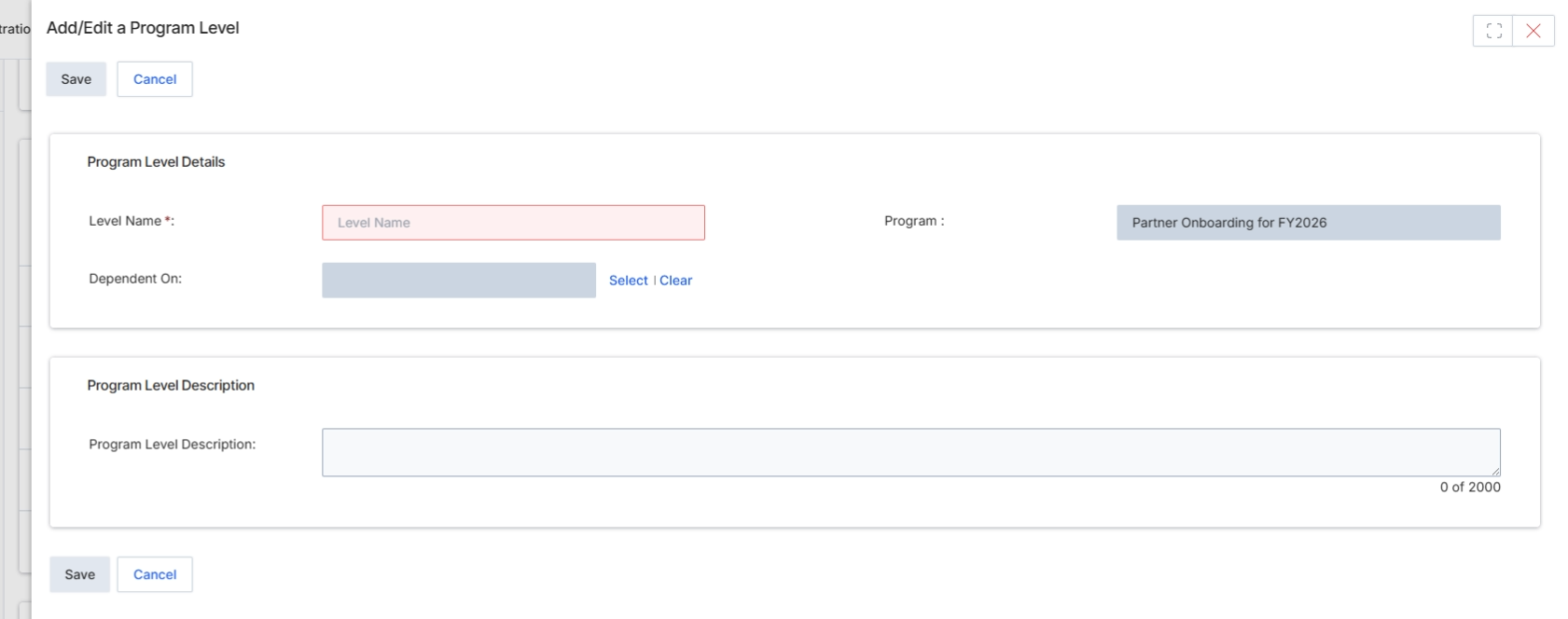 Add/Edit a Program Level form