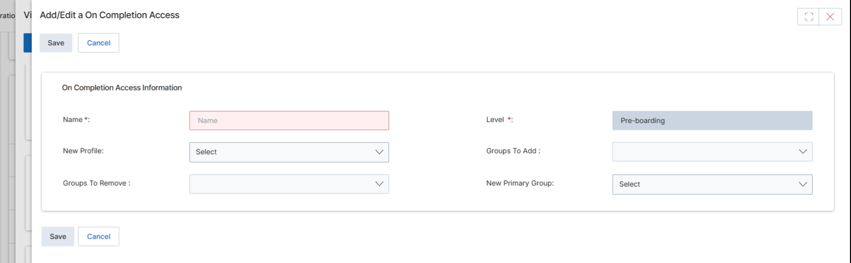 Add/Edit On Completion Access modal