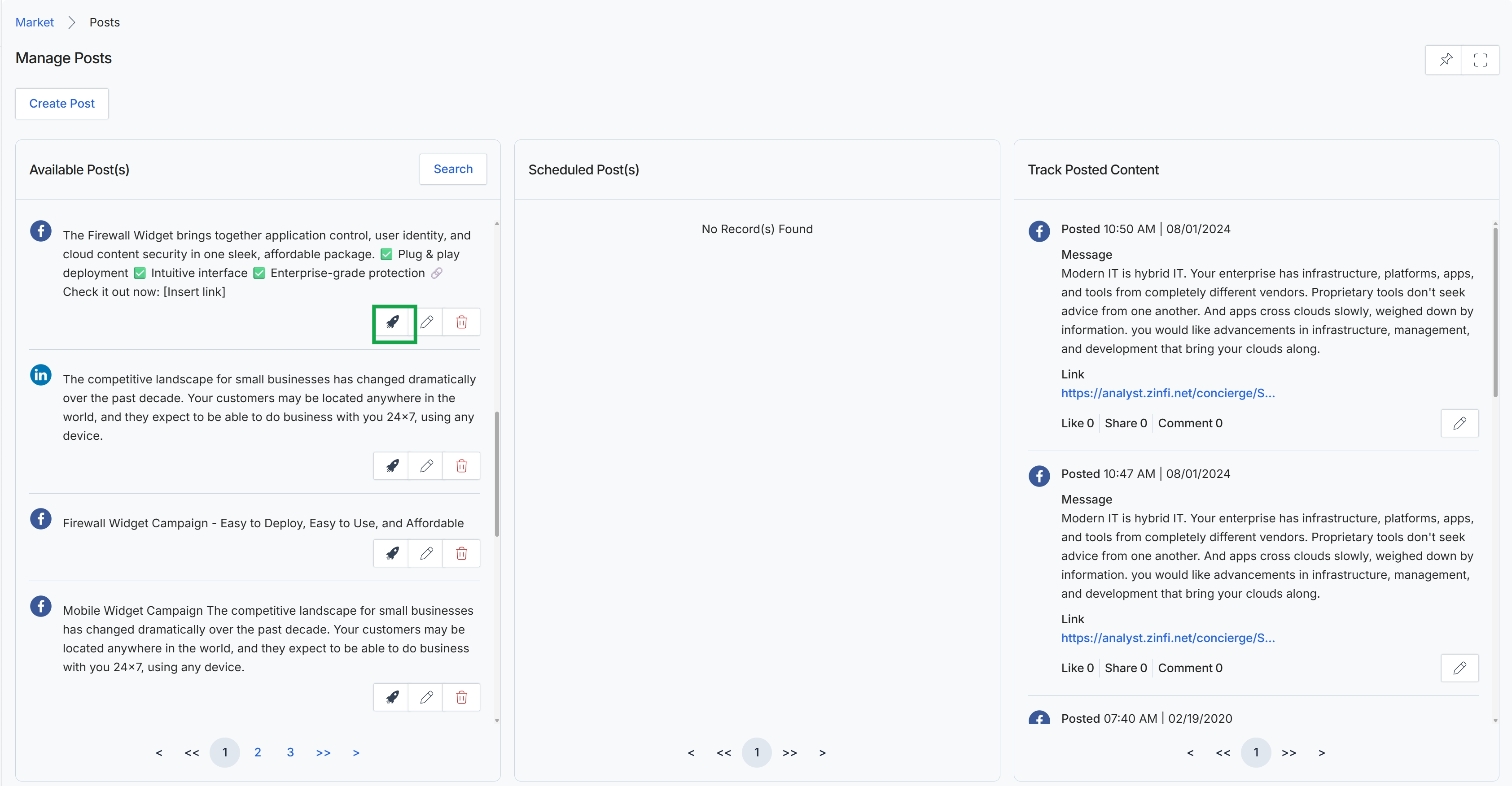Manage Posts page with available posts