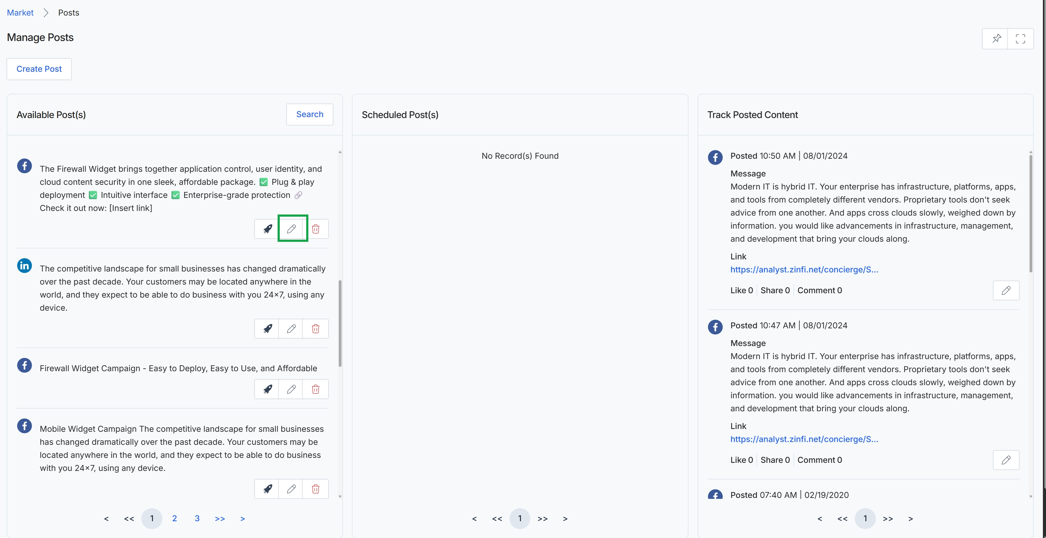 Manage Posts screen with edit icon highlighted