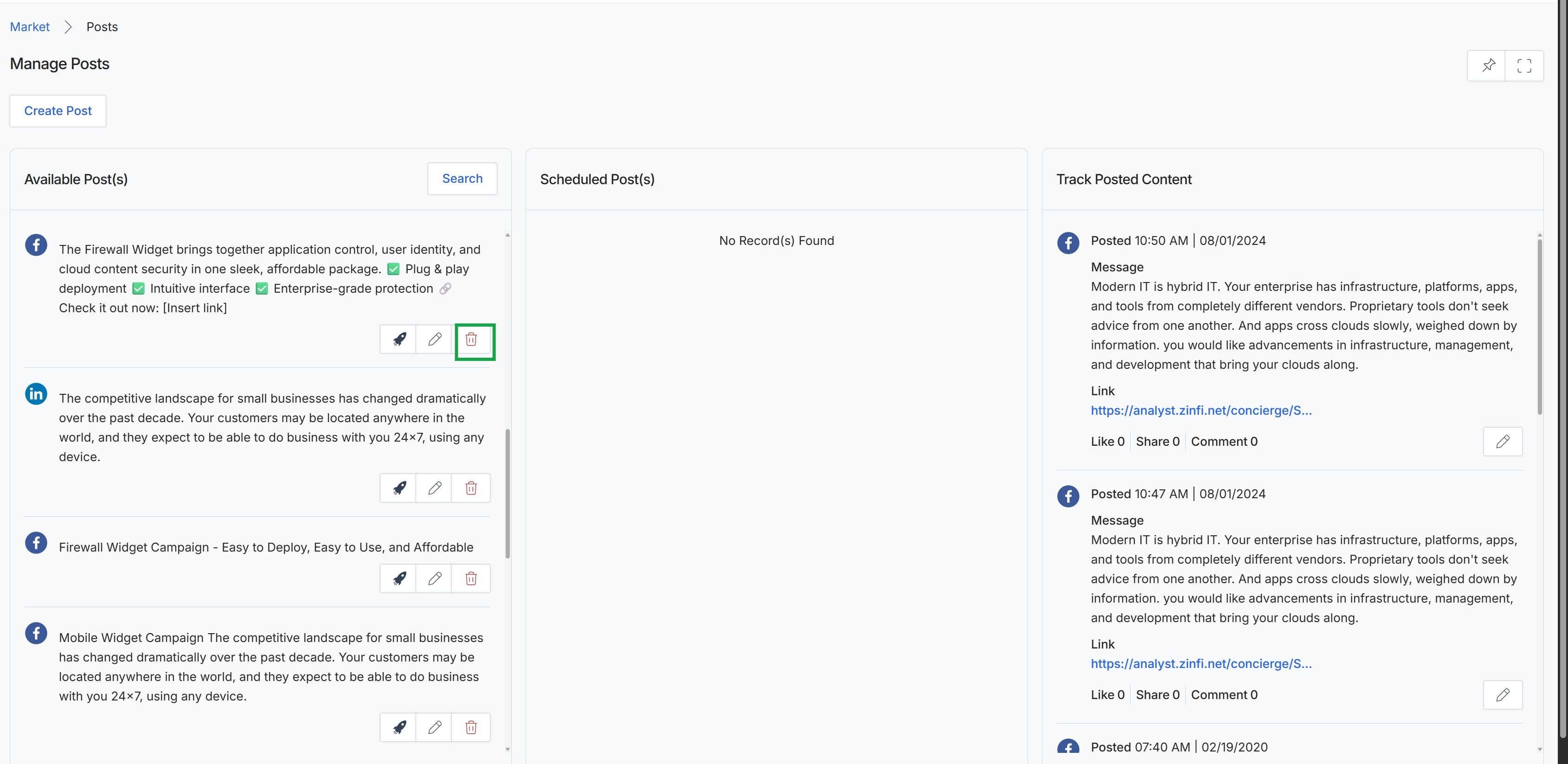 Manage Posts page with available posts