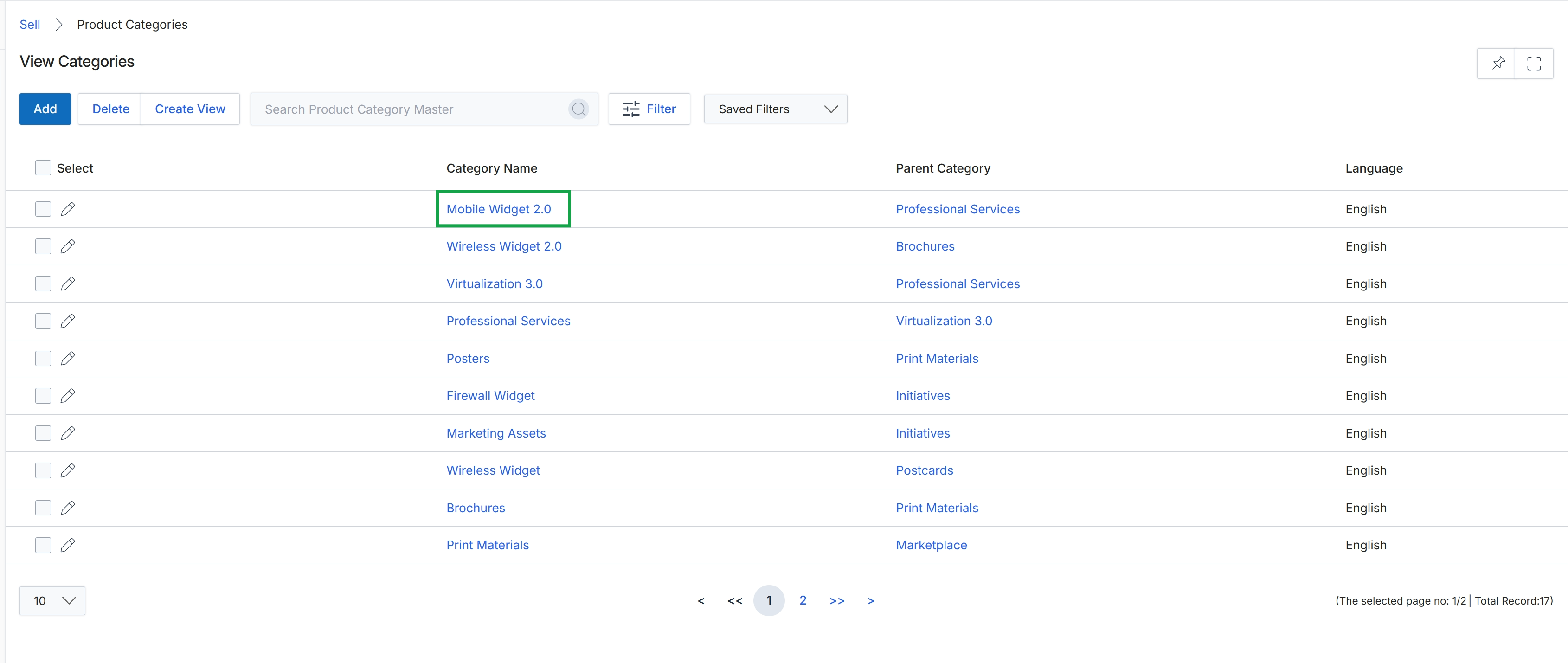 Product Categories list view