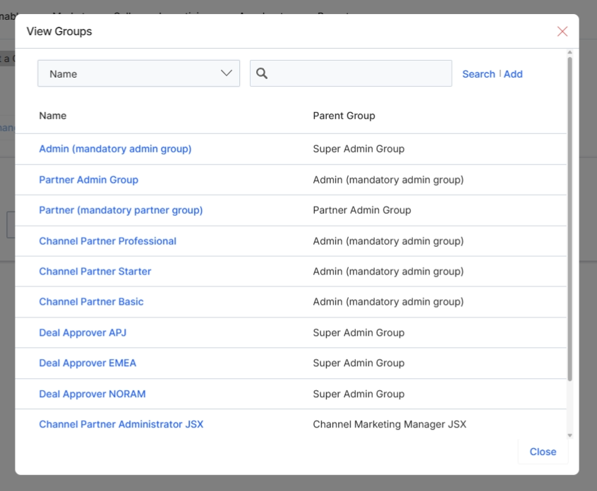 View Groups pop-up window