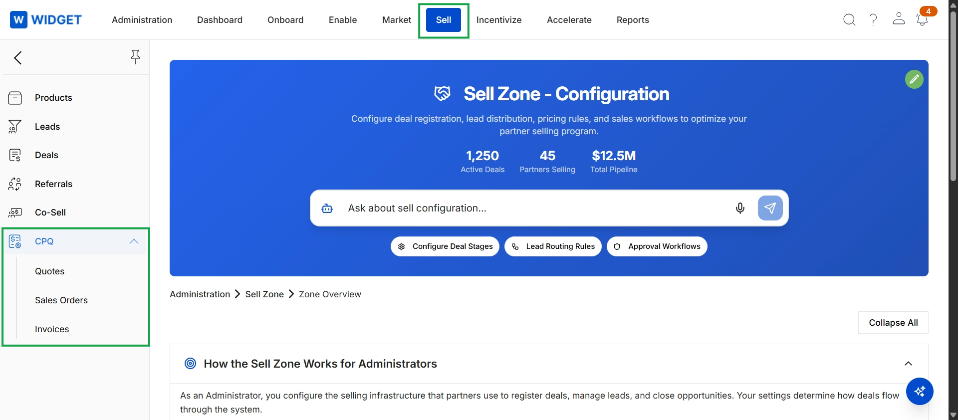 Sell module overview with CPQ menu expanded