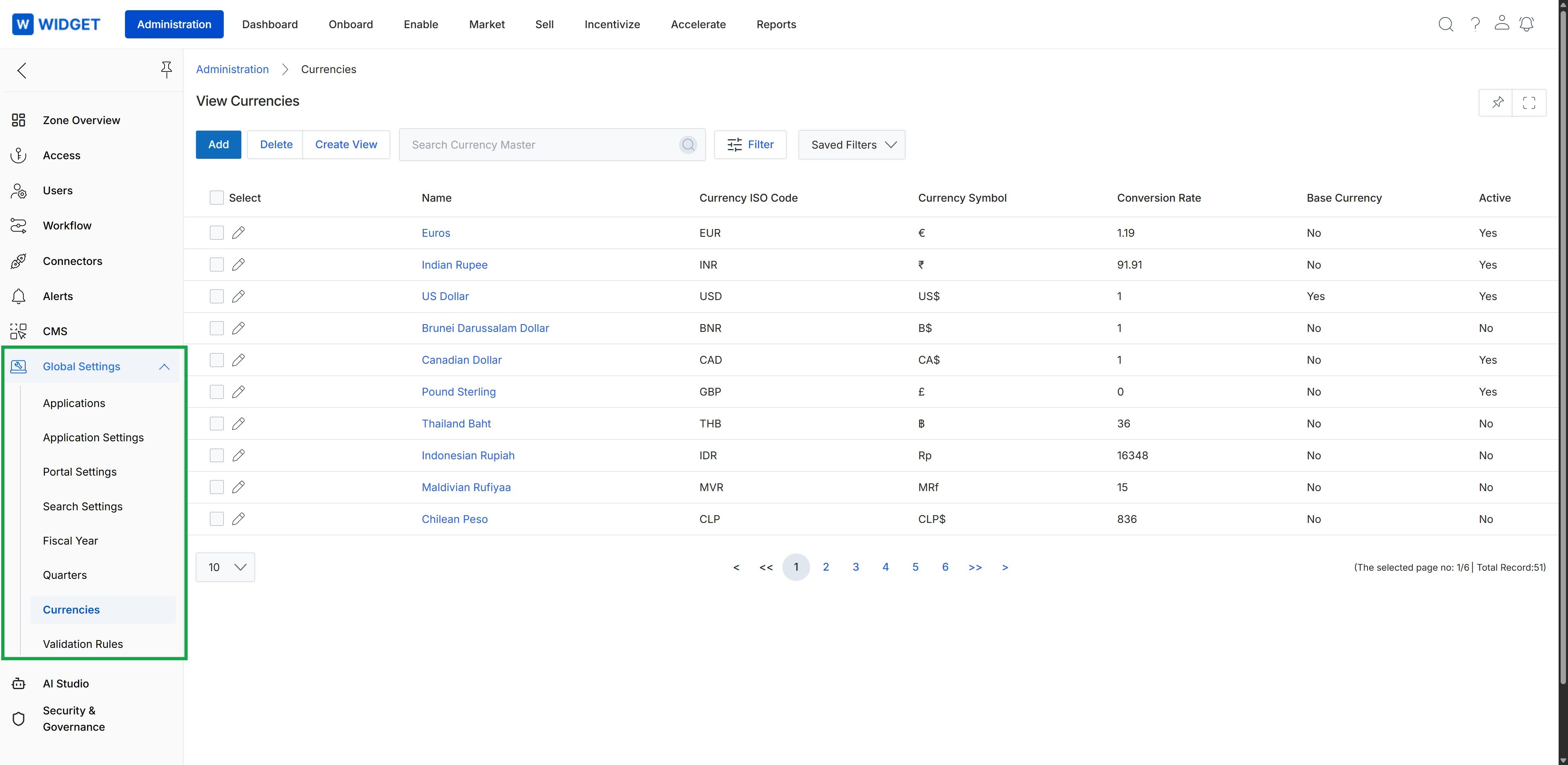 Administration module with Global Settings menu expanded