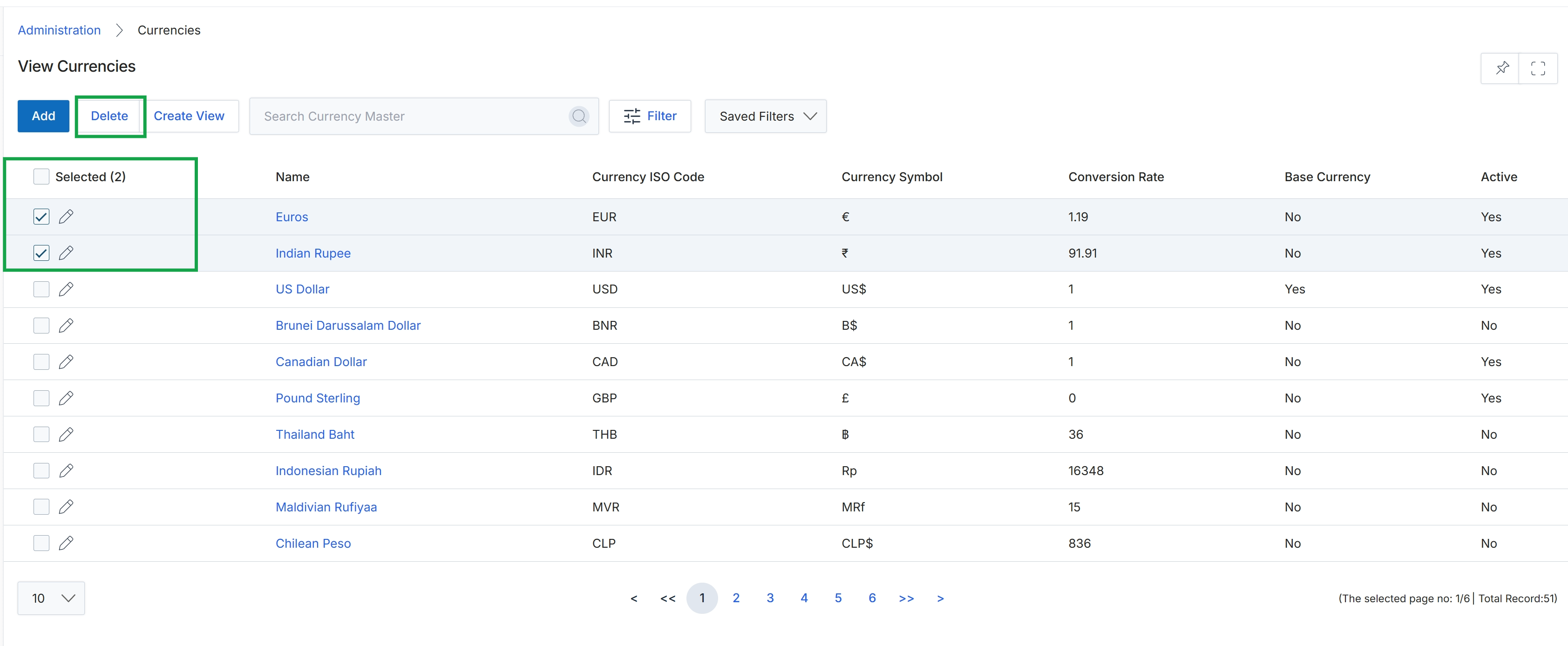 Currency master list with bulk delete option