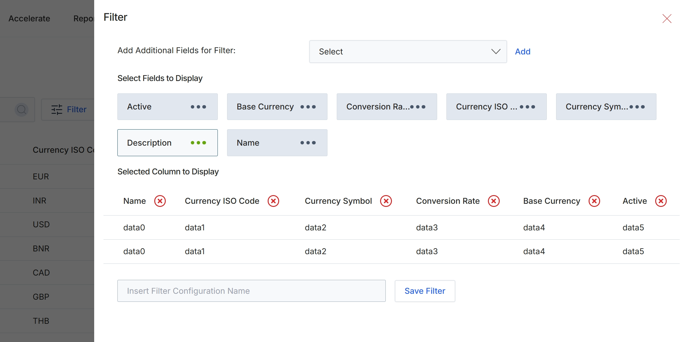 Filter configuration panel for currencies