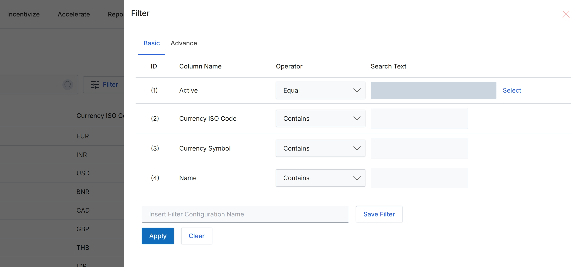 Currency list filter panel